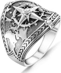 Compass and World Map Silver Ring for Men - Bold Sailor Style
