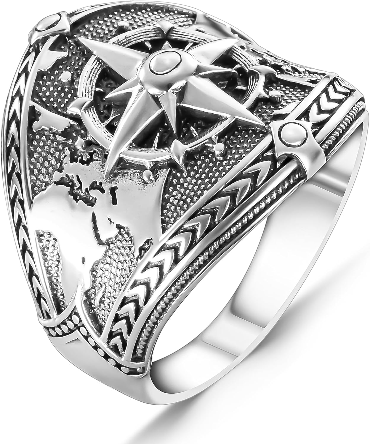 Compass and World Map Silver Ring for Men - Handmade Sailor Ring