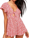 AGQT Women's V-Neck Self-Tie Front Romper - Flattering Boho Mini