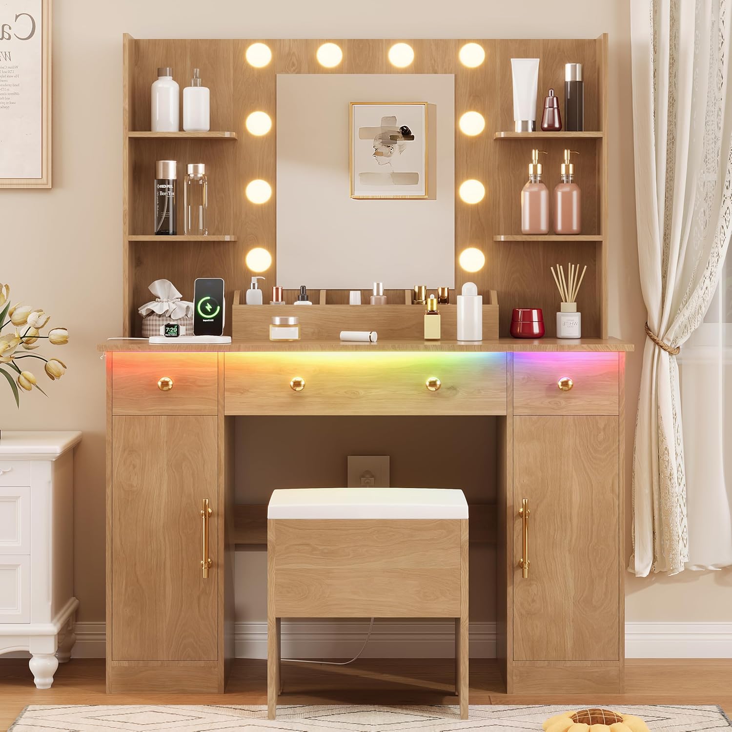 Elegant Wood Makeup Vanity with Mirror and RGB LED Lights