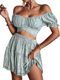 LYANER Women's 2 Piece Floral Off Shoulder Tie Up Crop (Style WF3Z)