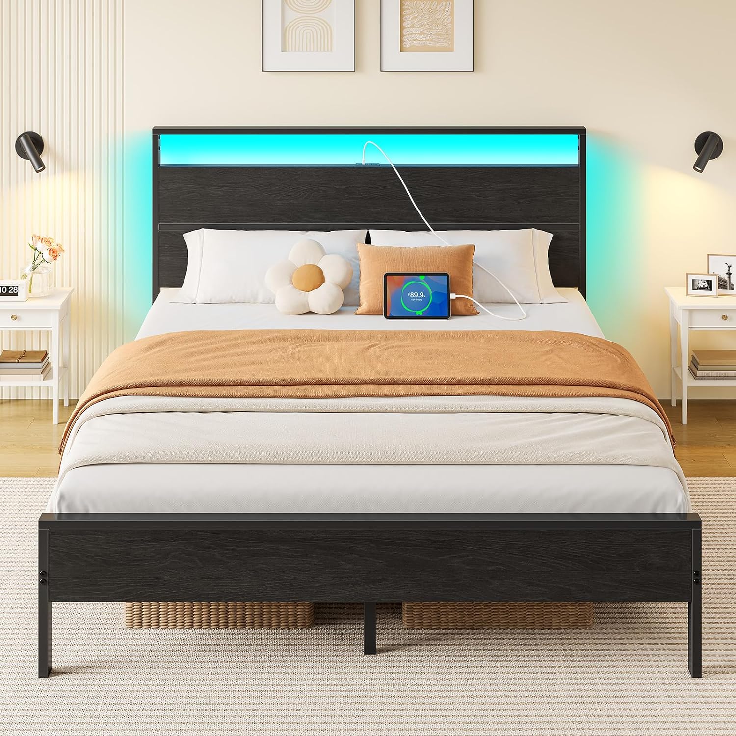 Rolanstar Queen Bed Frame with LED Lights and Charging Station