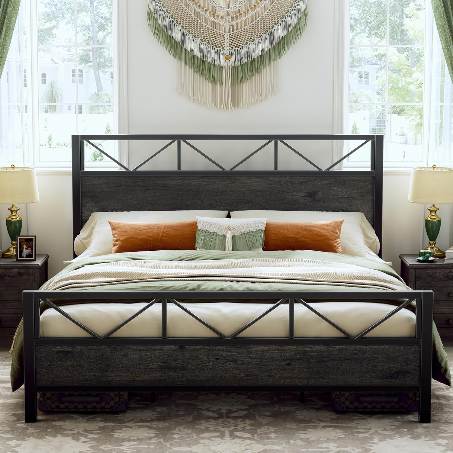 LIKIMIO King Bed Frame with Tall Industrial Headboard Design