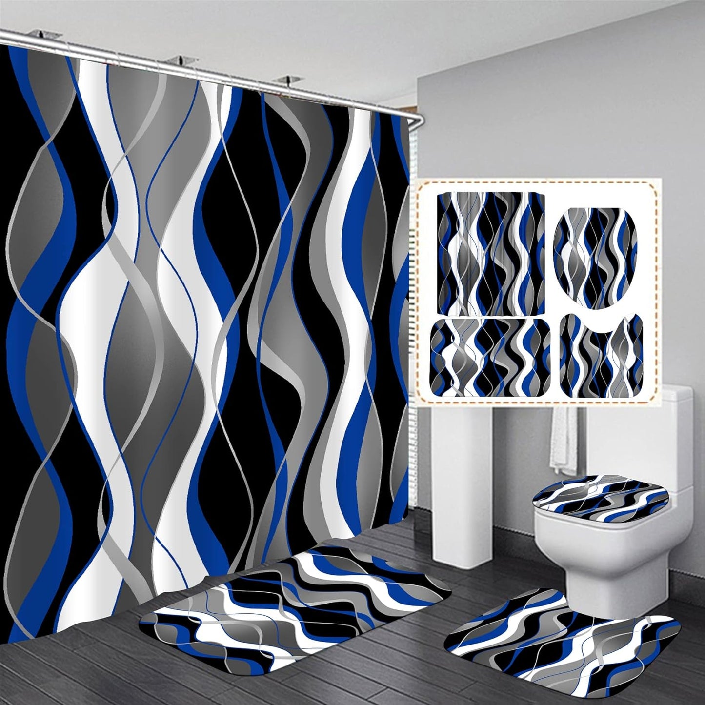 Modern Bathroom Set with Striped Shower Curtain
