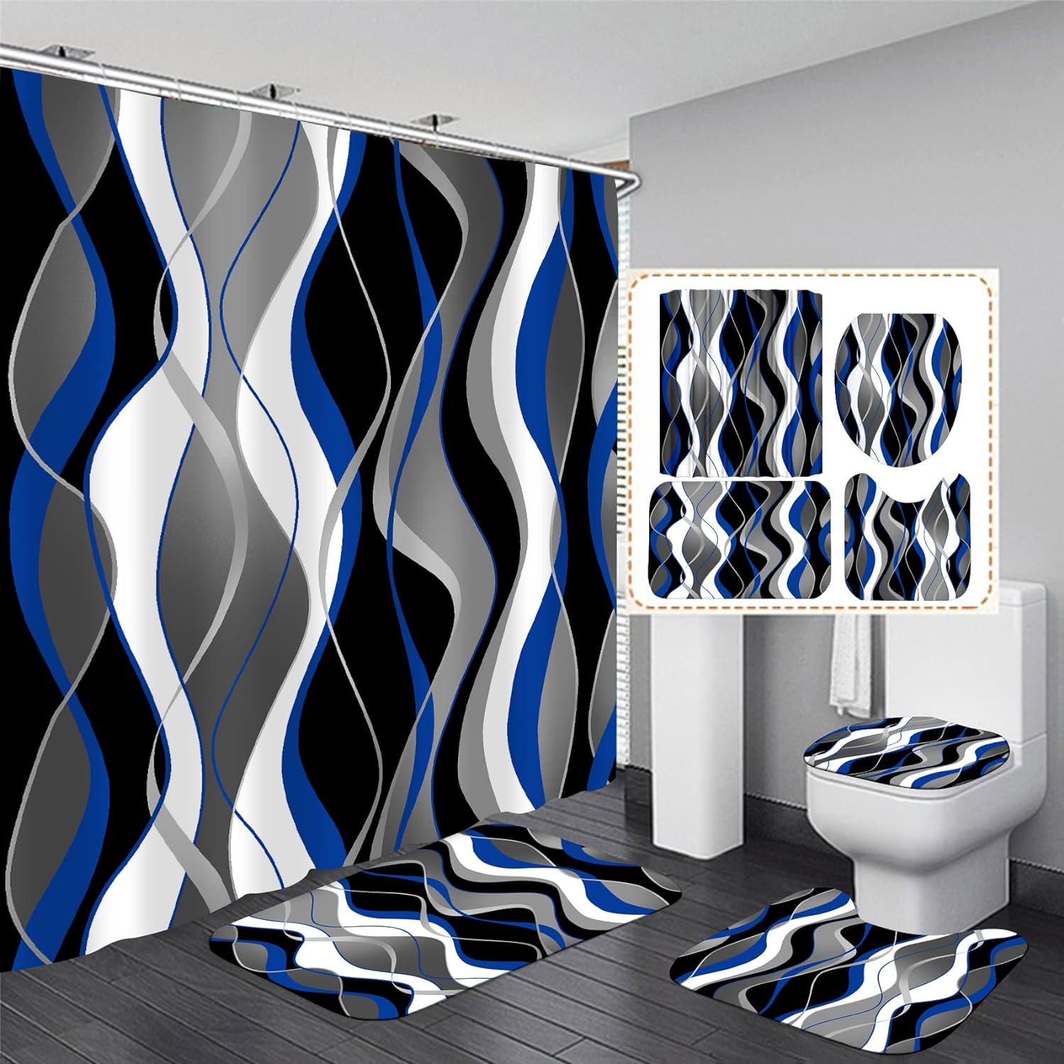 Modern Bathroom Set with Striped Shower Curtain