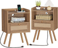 Stylish Nightstands Set of 2 with Charging Station and Rattan Decor