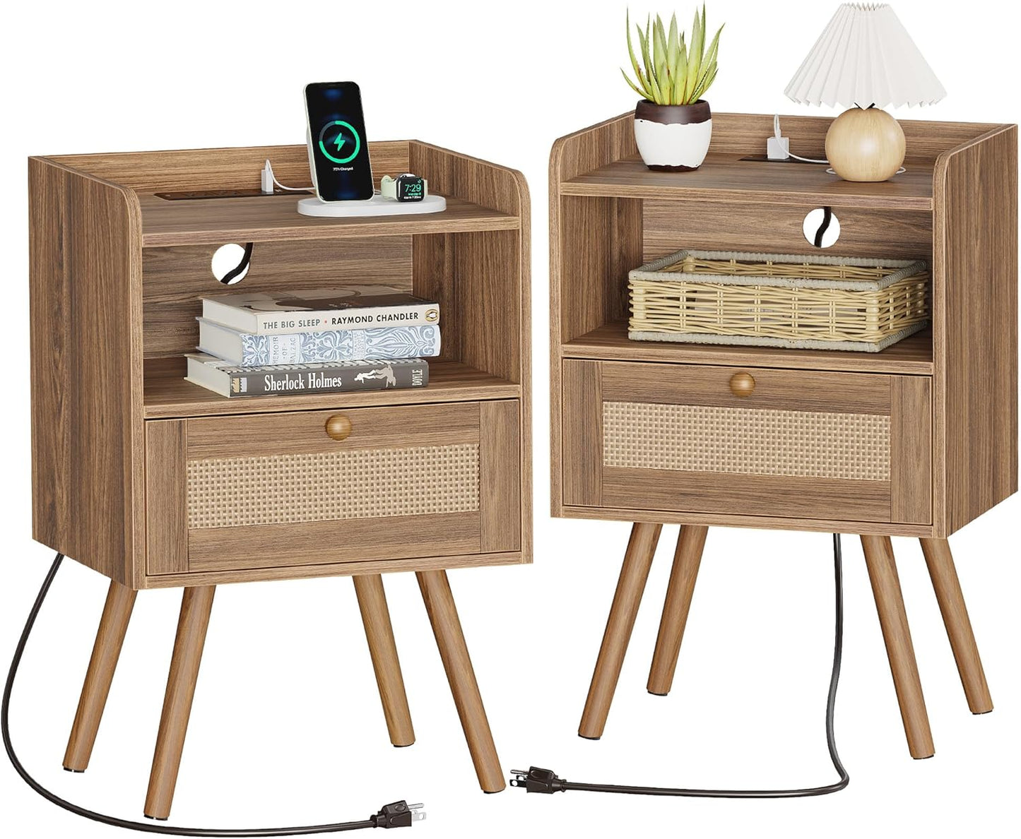 Stylish Nightstands Set of 2 with Charging Station and Rattan Decor