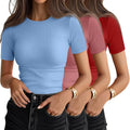 Ficerd 3 Pack Women's Ribbed T-Shirts - Soft Cotton Slim Crewneck