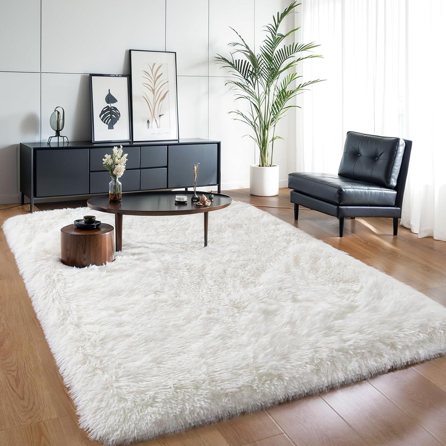 Thick Area Rug 5x7 Cream White Fluffy Shag for Cozy Spaces