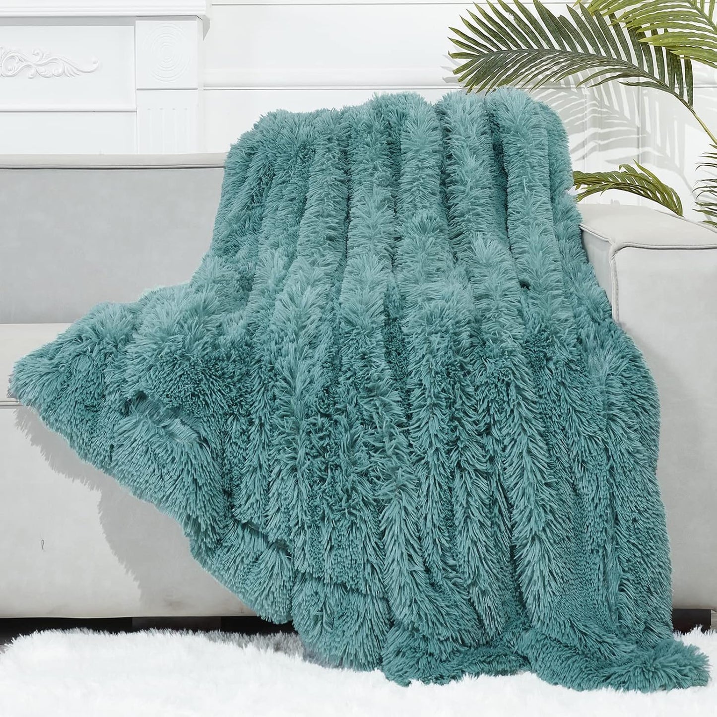 Fuzzy Faux Fur Throw Blanket Twin Size Light Teal Cozy Plush