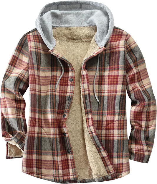 Men's Cotton Plaid Shirts Jacket with Fleece Lining for Comfort
