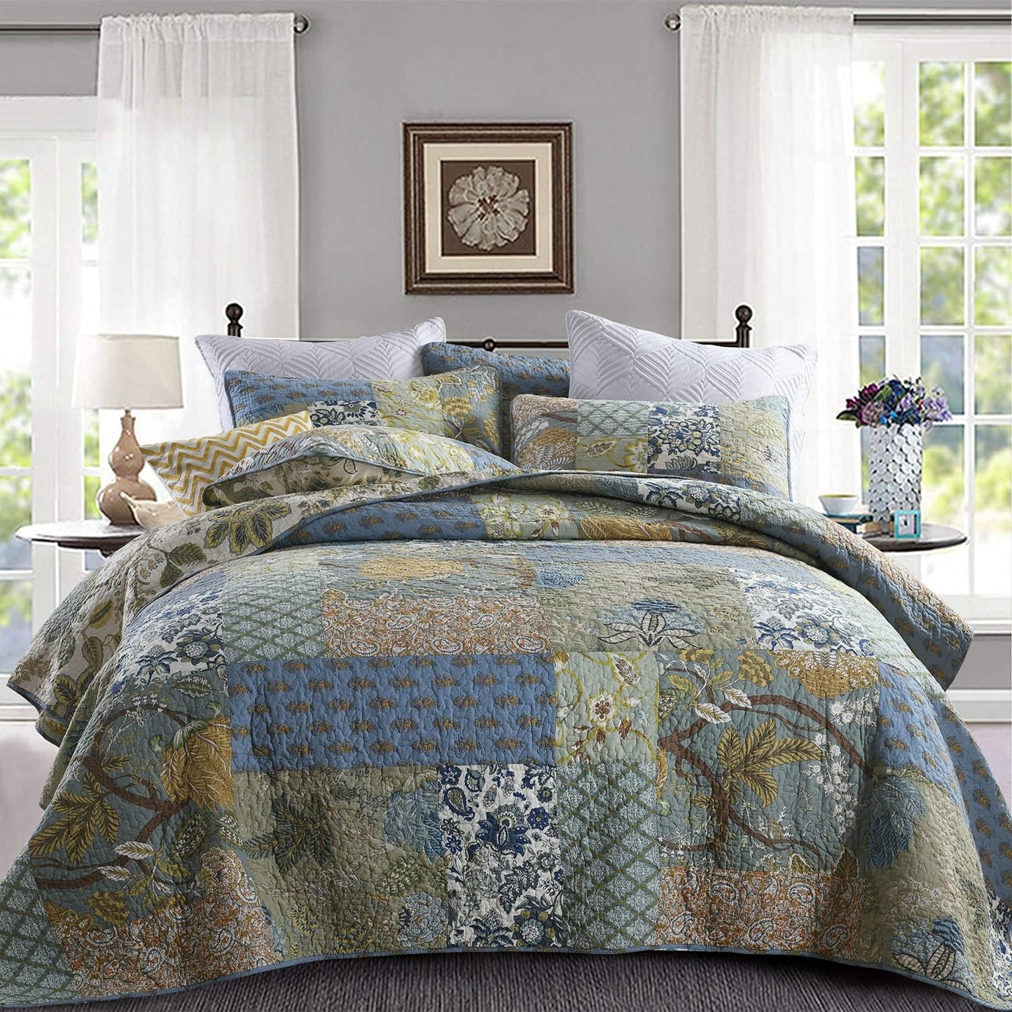 Yvooxny Quilt Set Queen Bedspread Reversible Green Farmhouse
