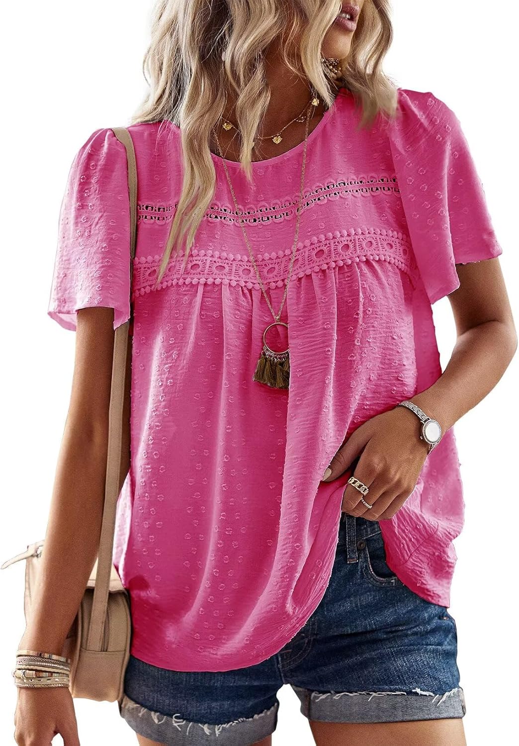 Womens Summer Tops Crewneck Short Sleeve Casual Chiffon Blouses