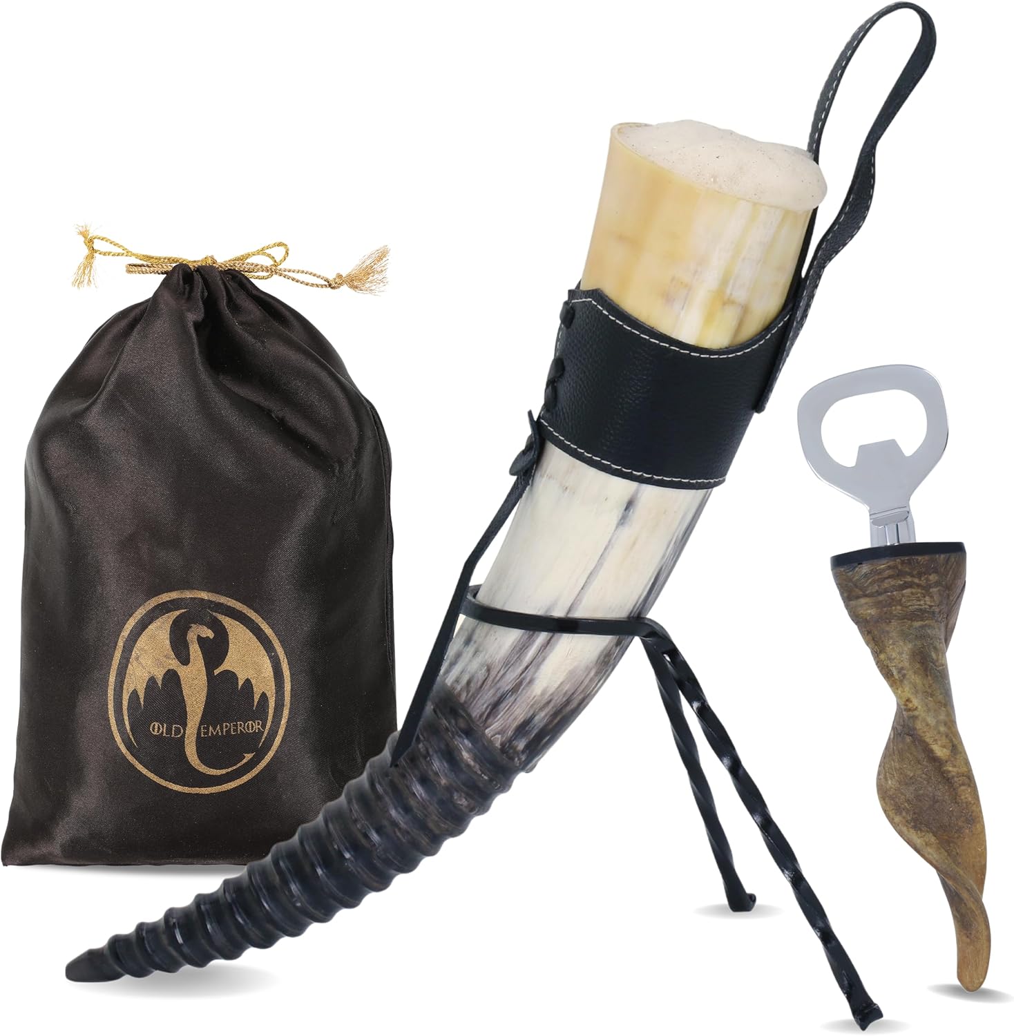 Viking Drinking Horn Set with Leather Holster and Stand