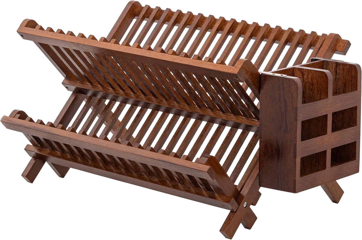 HBlife Teak Folding 2-Tier Collapsible Dish Rack for Kitchen