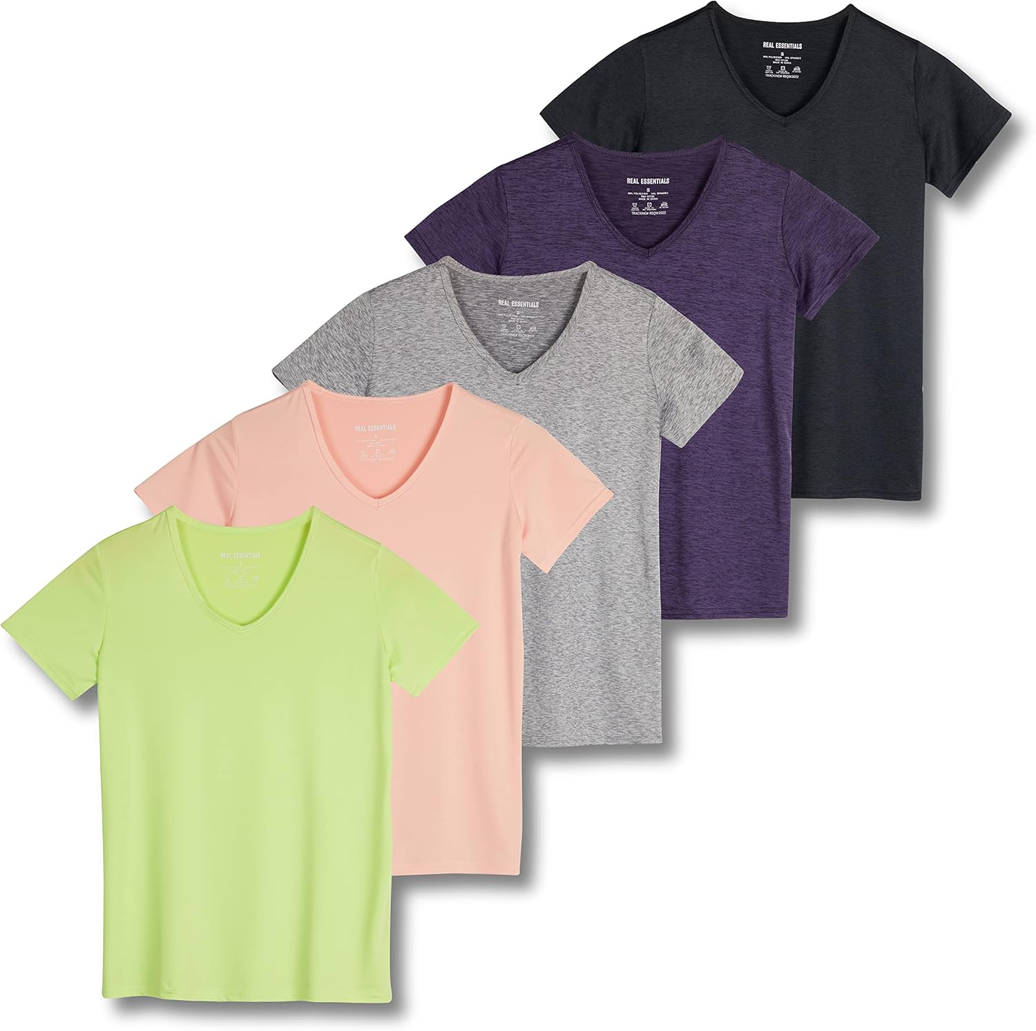 Real Essentials Women's Dry Fit V Neck Workout Tops 5 Pack