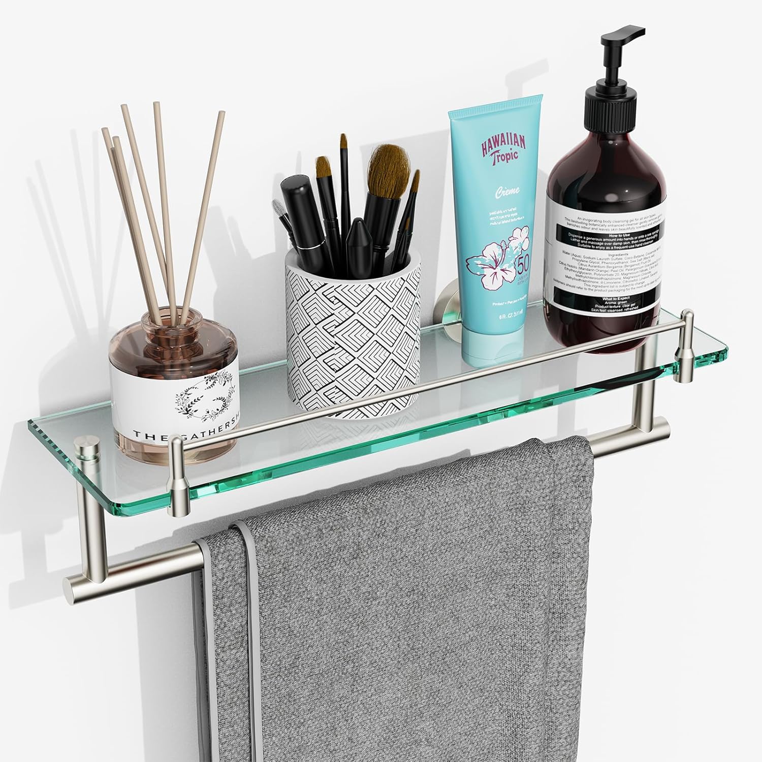 Floating Tempered Glass Bathroom Shelf with Towel Bar - 16 Inch