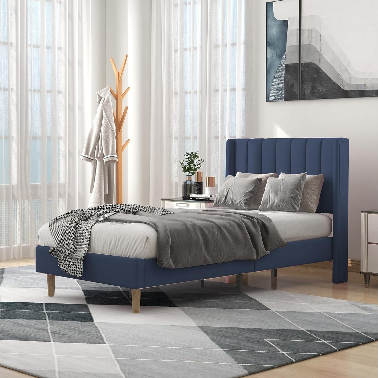 Stylish Upholstered Twin Size Bed Frame with Wingback Design