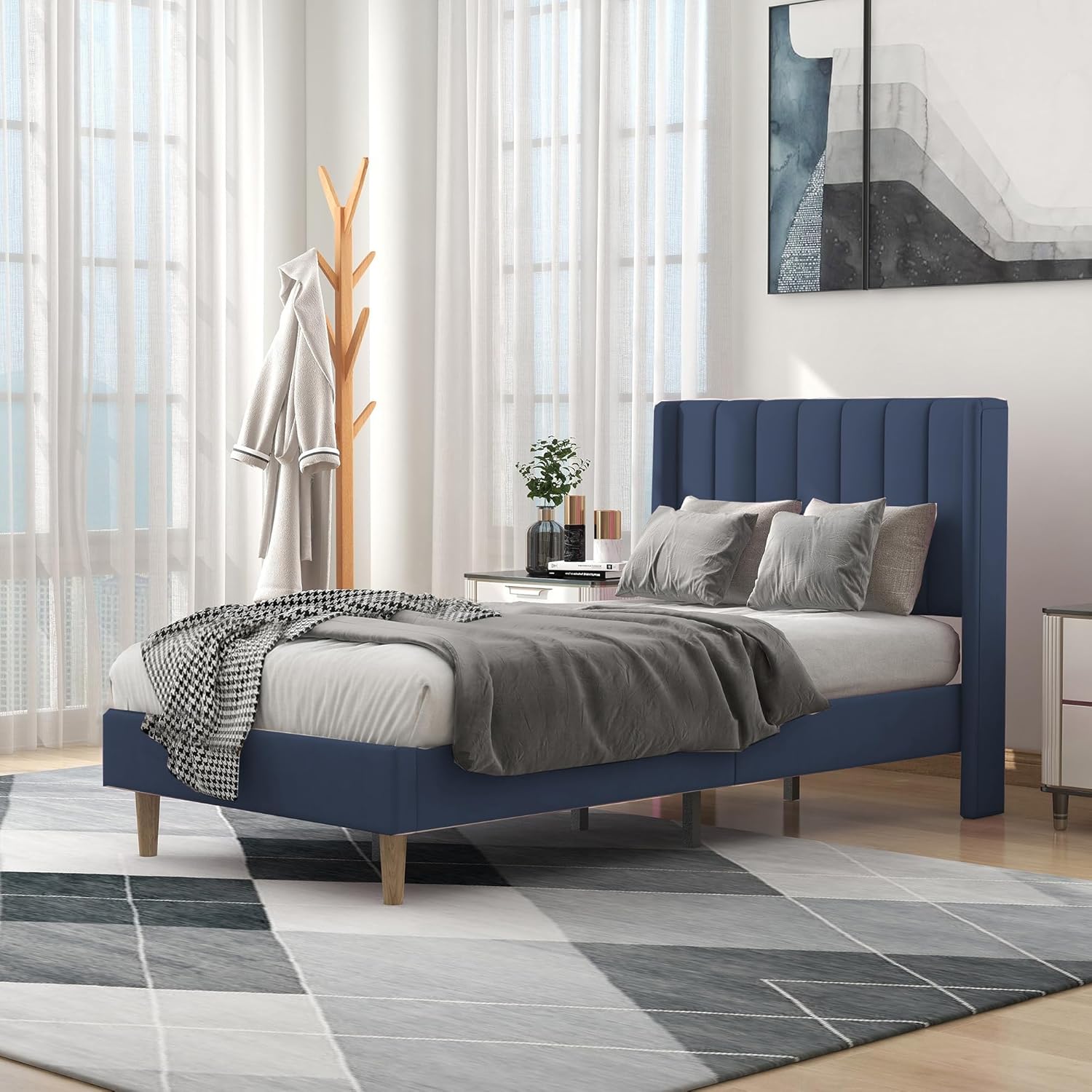 Stylish Upholstered Twin Size Bed Frame with Wingback Design