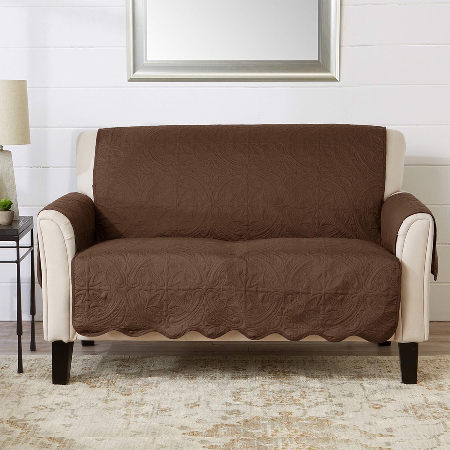 Great Bay Home Medallion Stitched Loveseat Protector in Chocolate