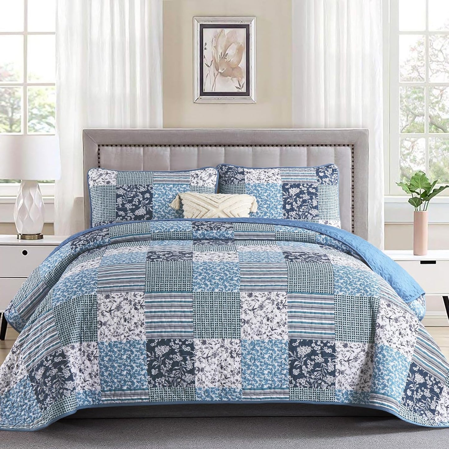 Navy Blue Quilt Set Queen Size - 3 Pieces Reversible Bedding