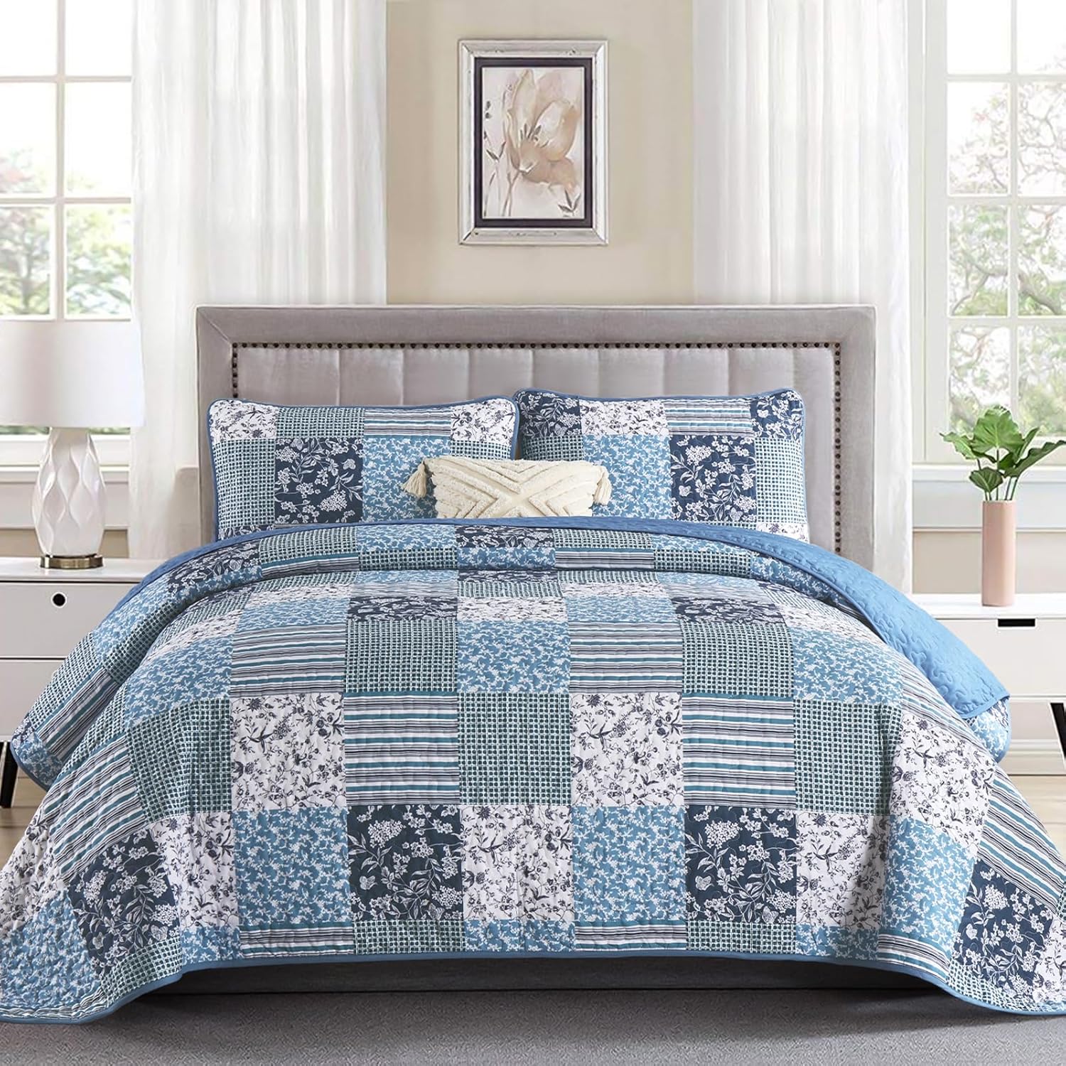 Navy Blue Quilt Set Queen Size - 3 Pieces Reversible Bedding