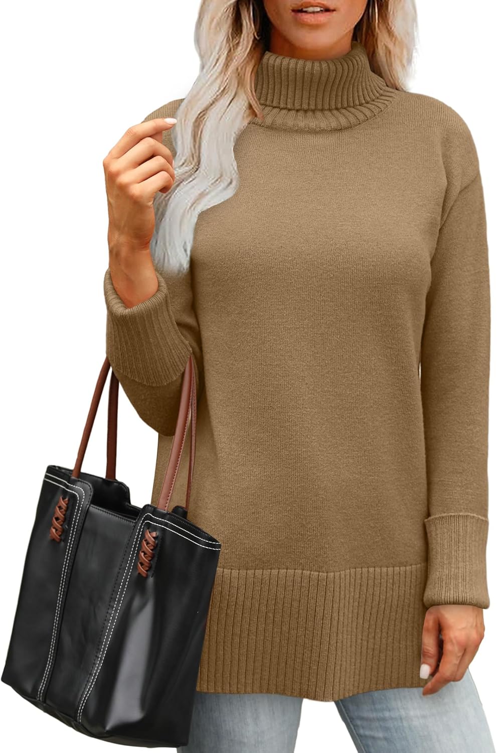 Glanzition Turtleneck Side Split Oversized Sweater for Women