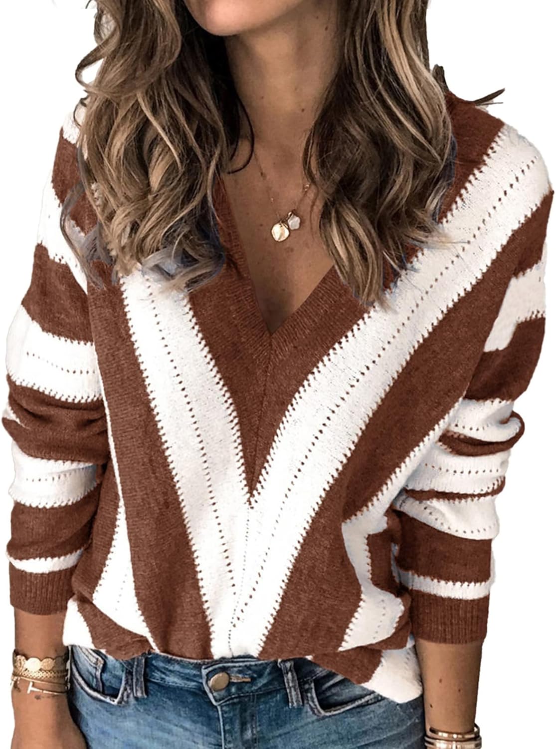 PRETTYGARDEN Long Sleeve Striped Knitted Sweater for Women
