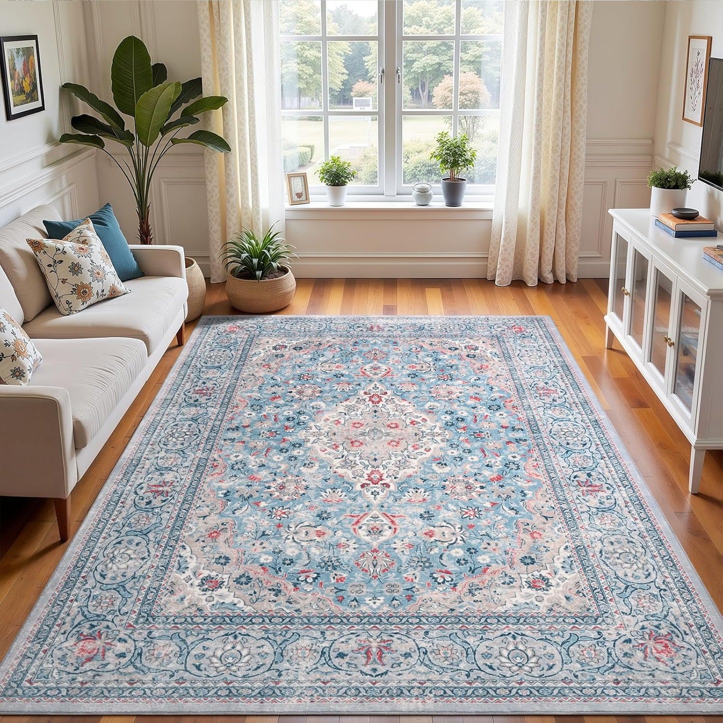 4x6 Blue Washable Boho Area Rug for Vintage Floral Style