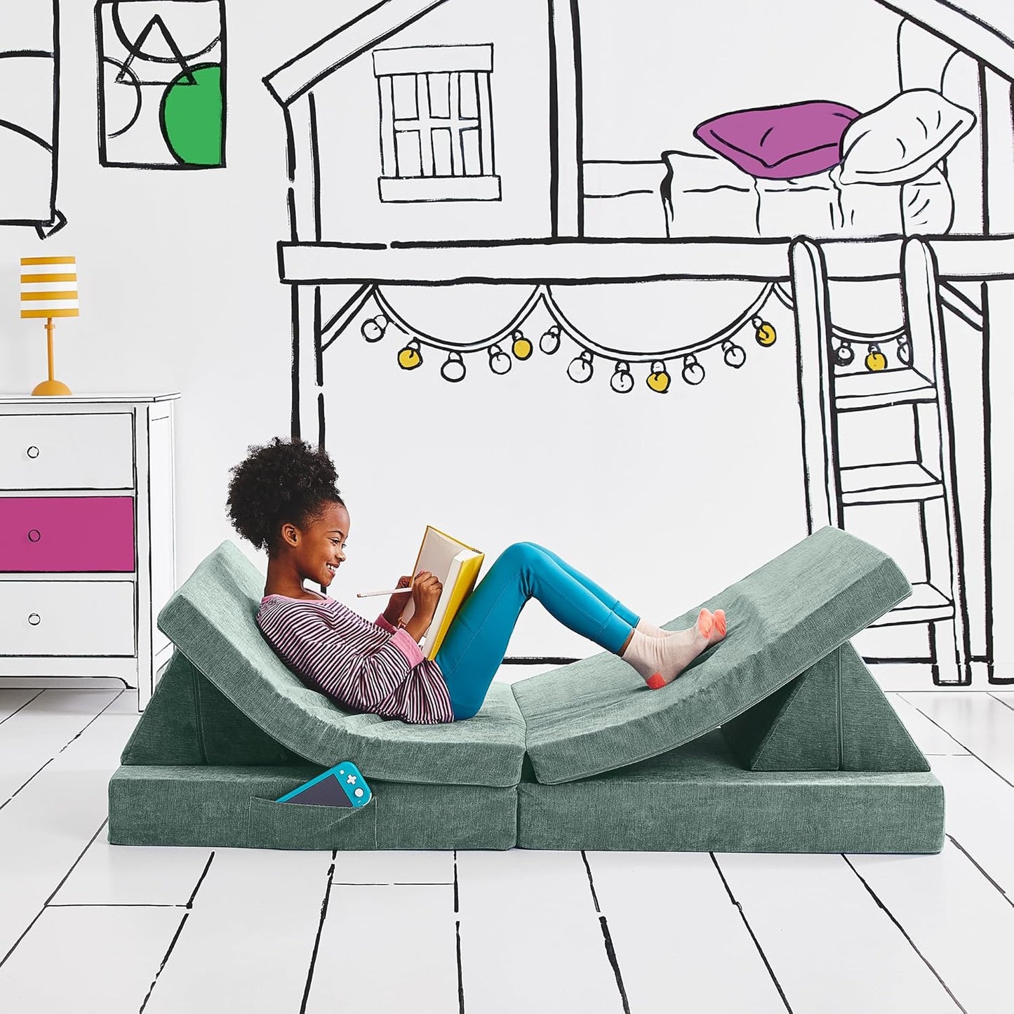 Yourigami Kids Play Couch - Convertible Folding Sofa in Green