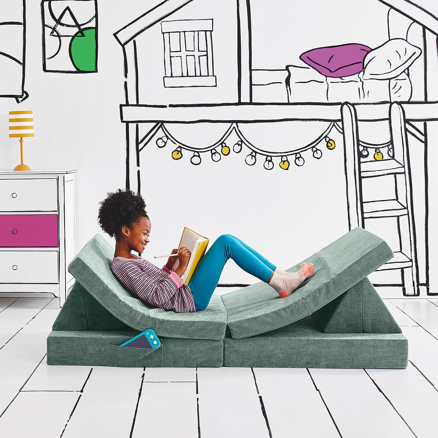 Yourigami Kids Play Couch - Convertible Folding Sofa in Green
