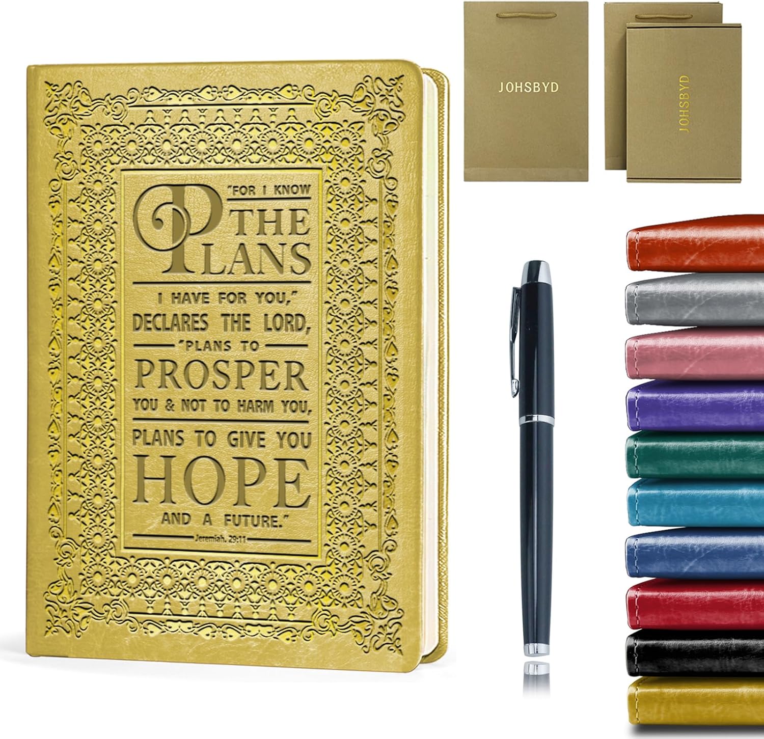 Yellow Christian Leather Journal, Jeremiah 29:11, Bible Verse, 200 Pages, Pen