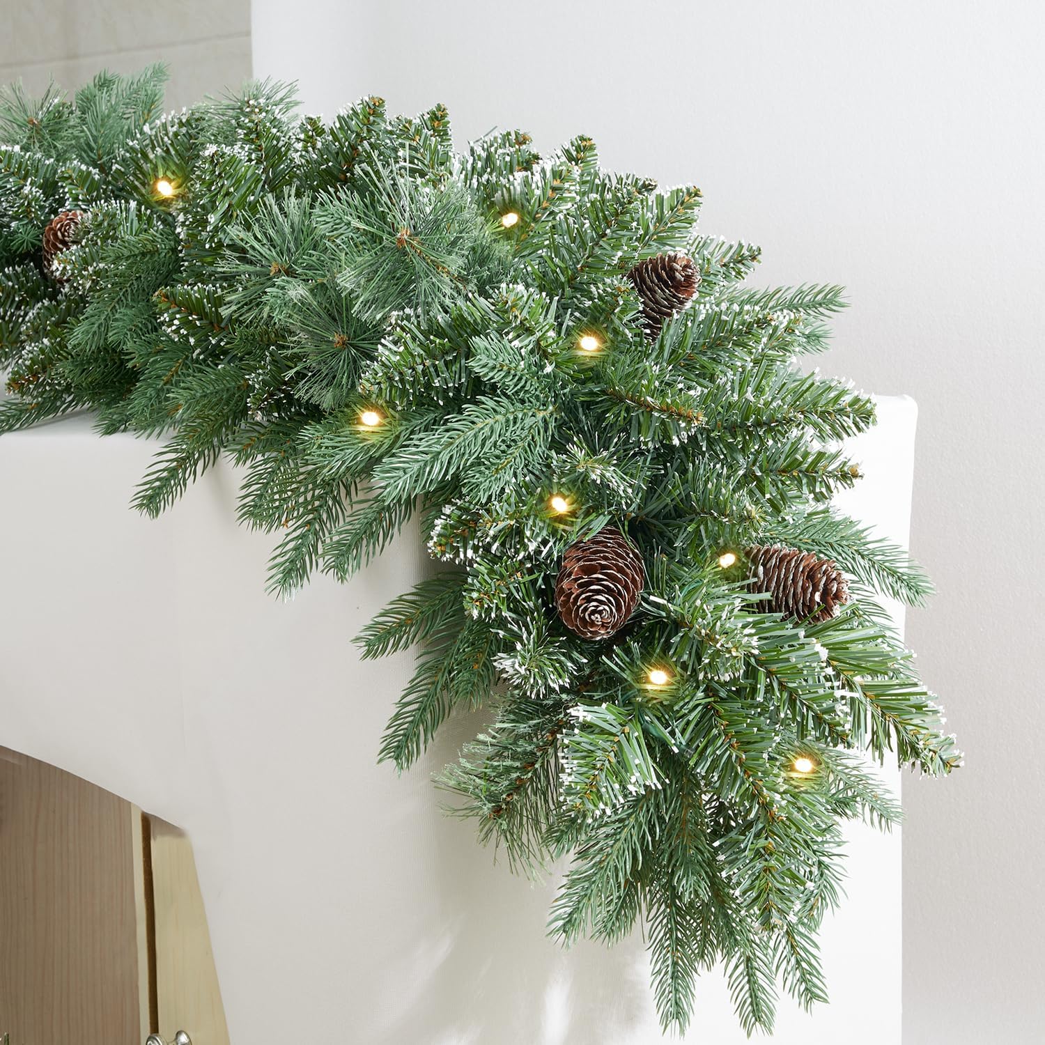 9FT Prelit Christmas Garland with 50 LED Lights for Festive Decor