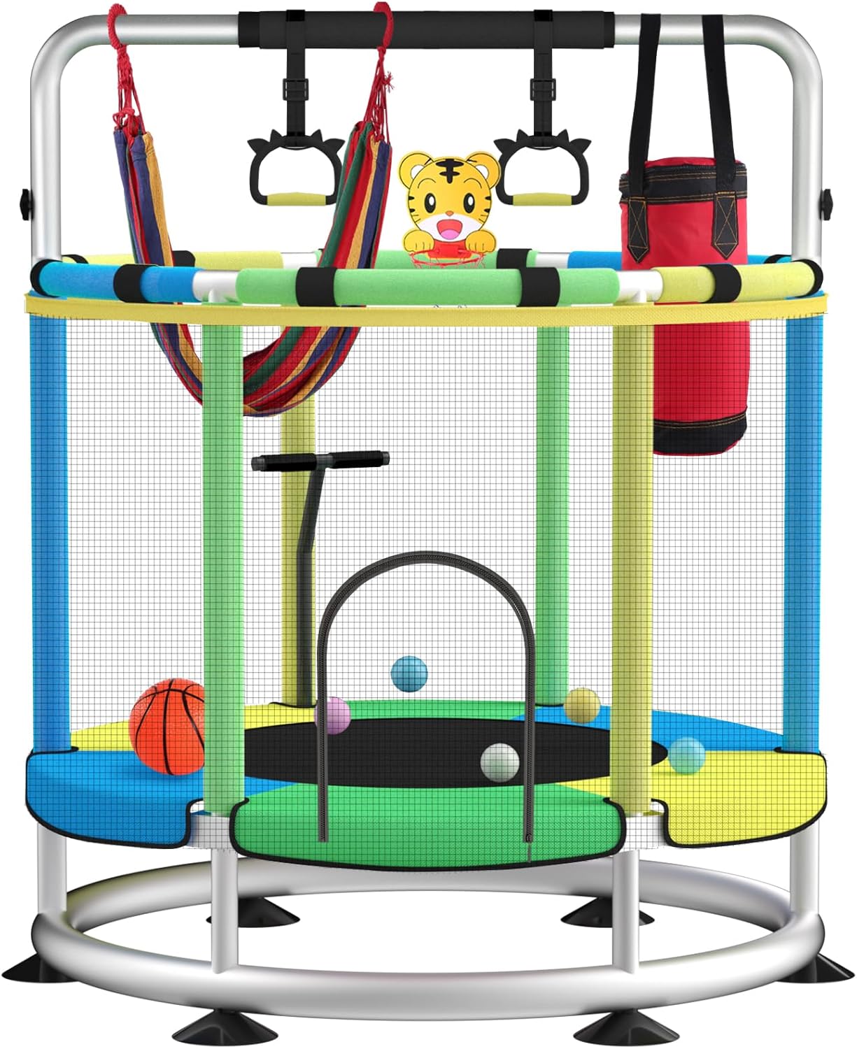 Trampoline for Kids with Adjustable Height and Basketball Hoop
