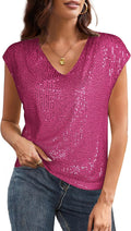 V Neck Sequin Short Sleeve Top for Women - Sparkly Party Tank