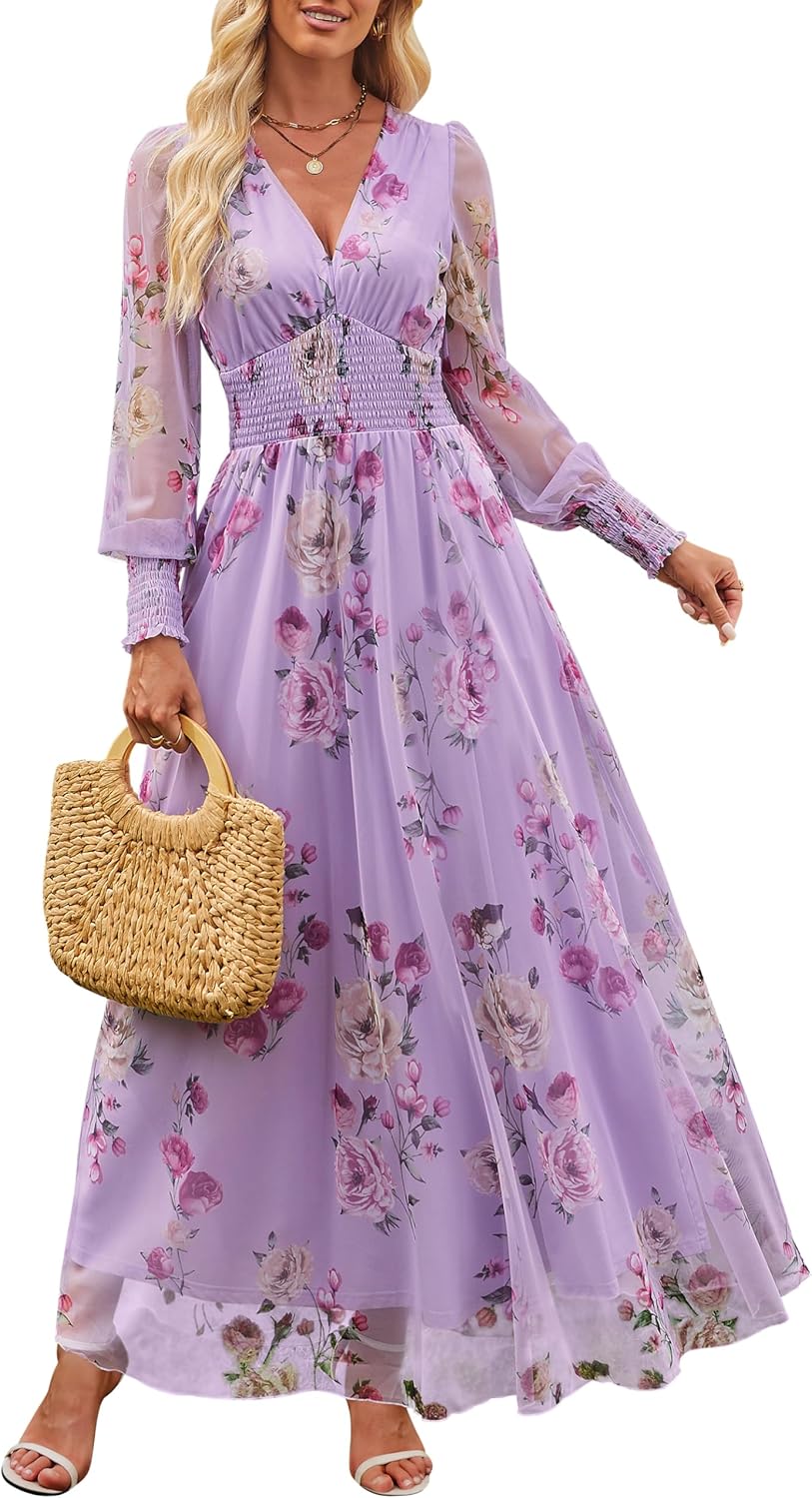 Floral Maxi Dress for Women - Elegant V Neck Puff Sleeve Style