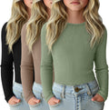 Girls Long Sleeve Ribbed Cotton Shirts 3 Pack - Slim Fit Layering 95%