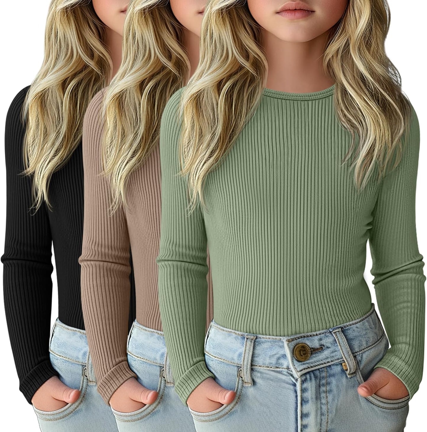 3 Pack Girls Long Sleeve Shirts for Casual Layering and Comfort
