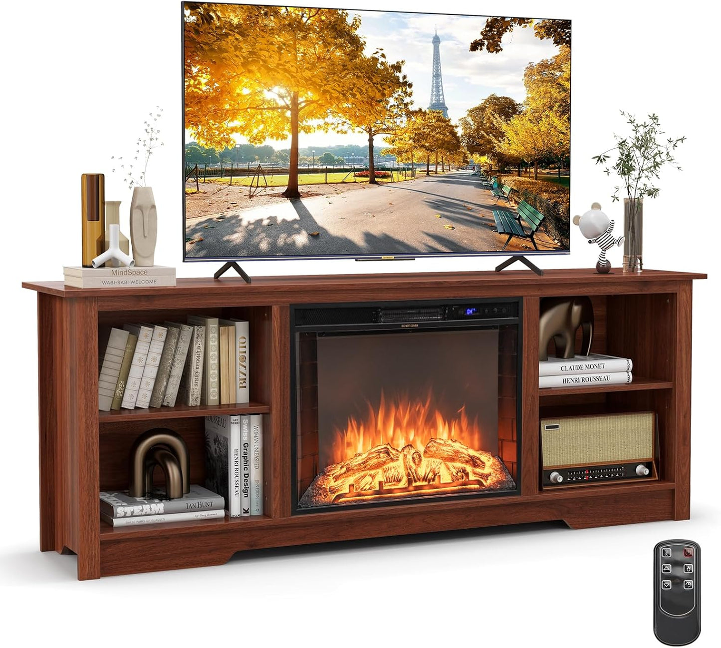 Tangkula Electric Fireplace TV Stand | 75 TV, Adjustable Shelves, Remote Control