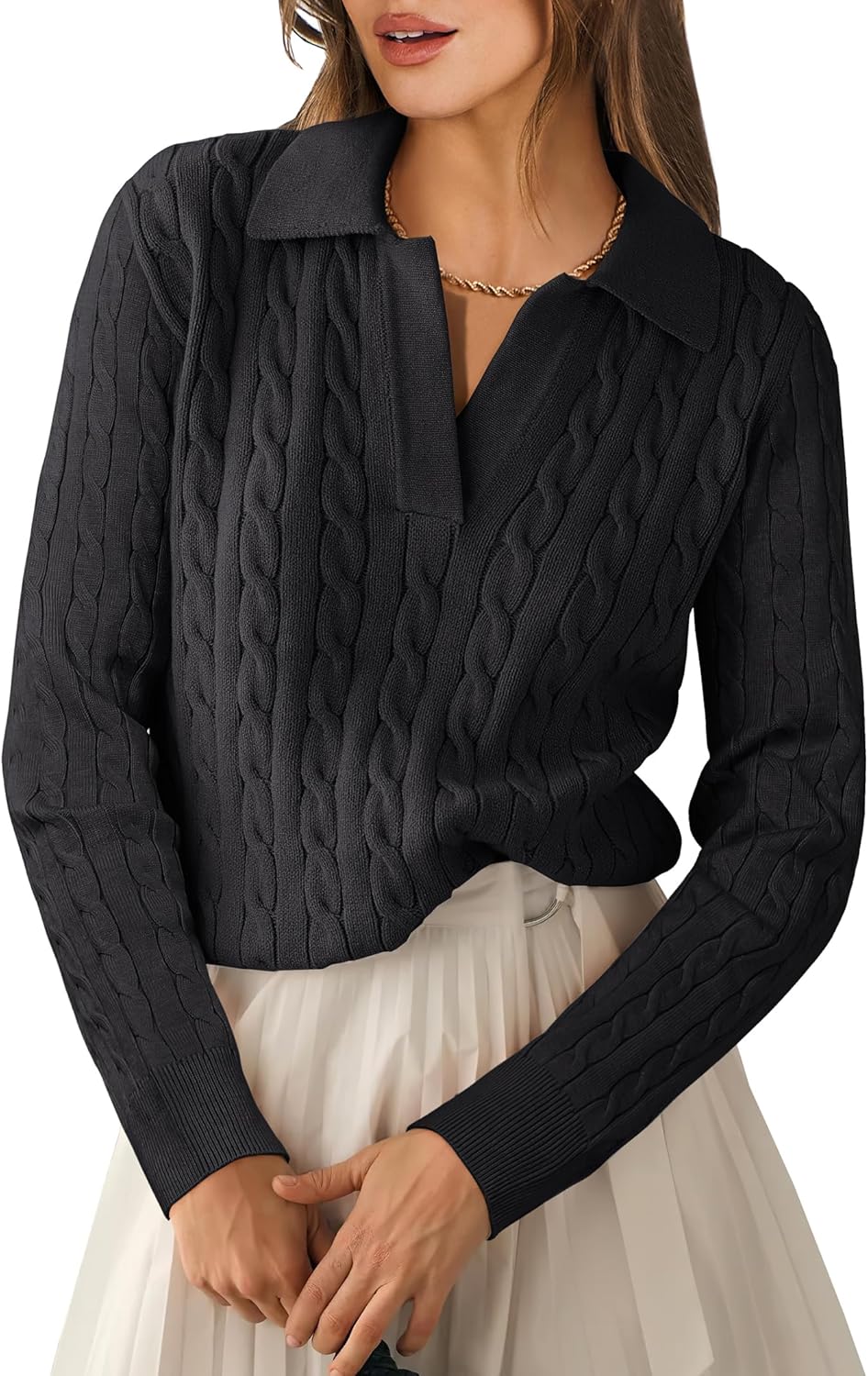 Womens Cable Knit Sweaters Long Sleeve V Neck Casual Tops