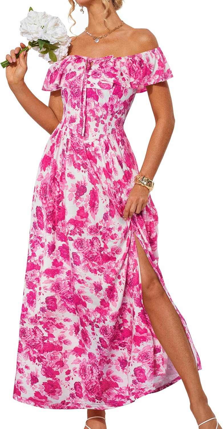 2025 Womens Maxi Dresses Off Shoulder Floral Ruffle Beach Dress