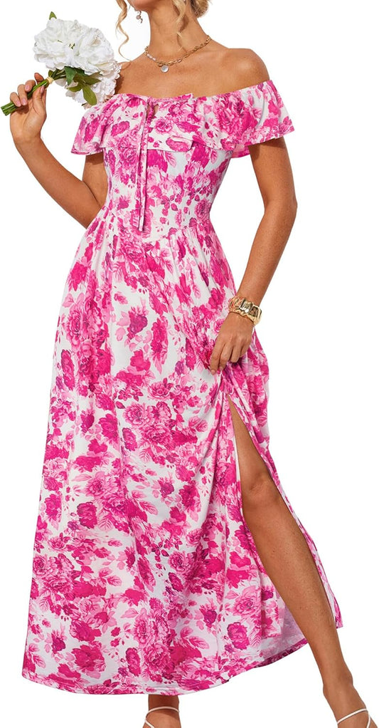2025 Womens Maxi Dresses Off Shoulder Floral Ruffle Beach Dress