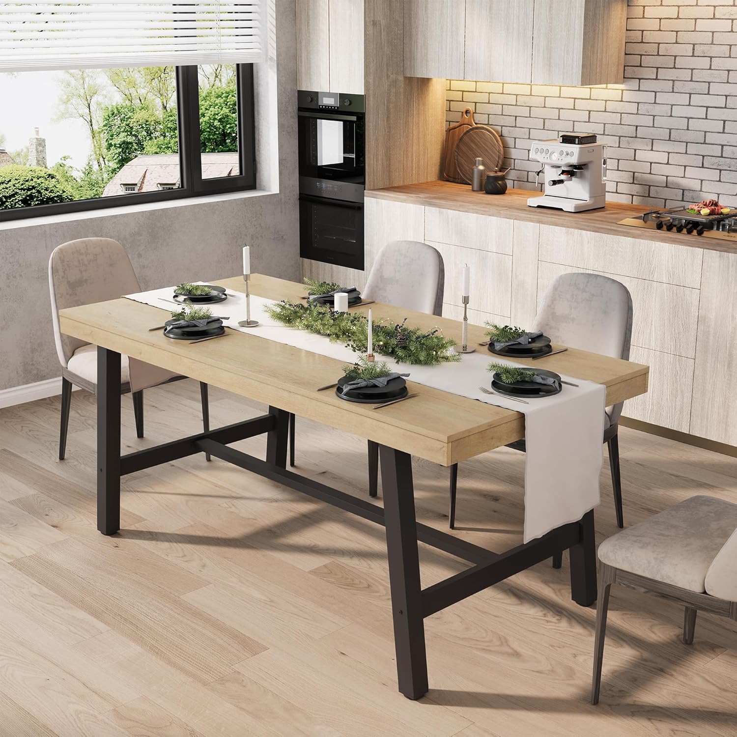 Industrial Dining Table for 4-6 People, 63in Long Wooden Table