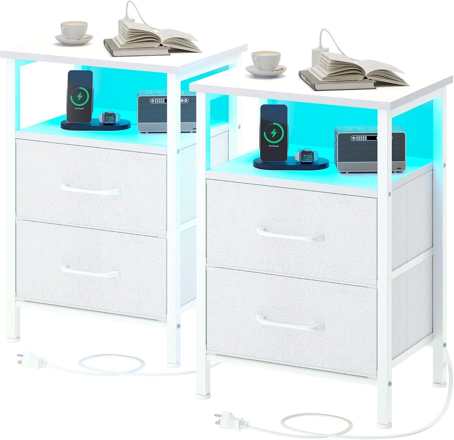 Nightstands Set of 2 with Charging Station and LED Lights