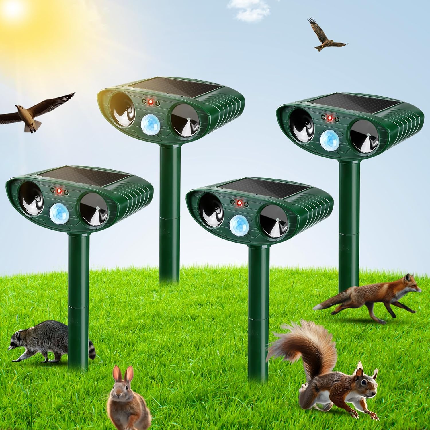 Pack of 4 Solar Ultrasonic Animal Repellent for Outdoor Use