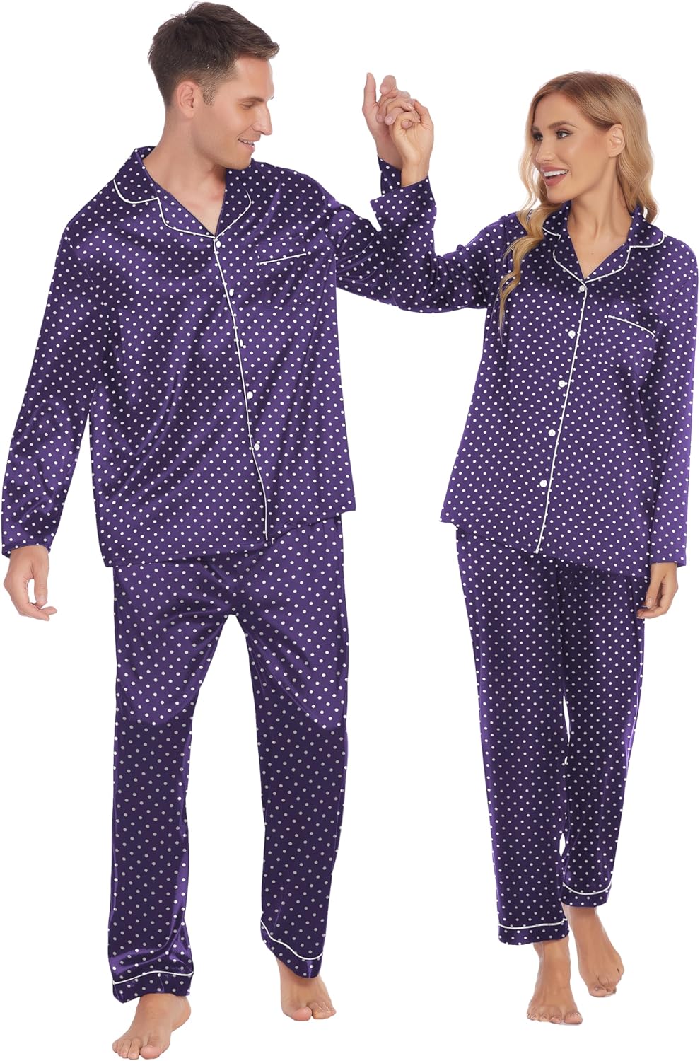 Ekouaer Couples Matching Pajamas Silk Long Sleeve Sleepwear Set