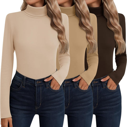 Neer 3 Pack Cotton Women's Turtleneck Long Sleeve Tops