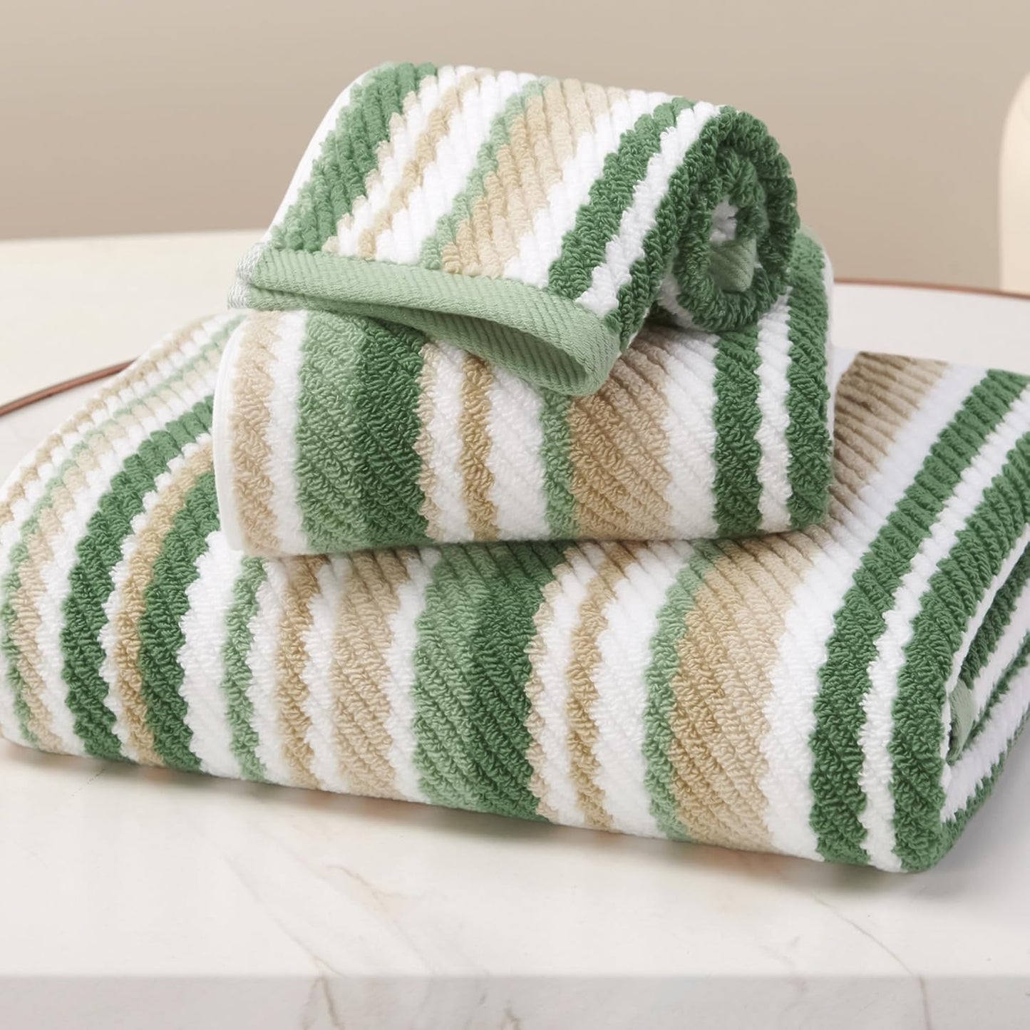 Green Striped Towels Set - 100% Cotton Quick Dry Luxury Towels