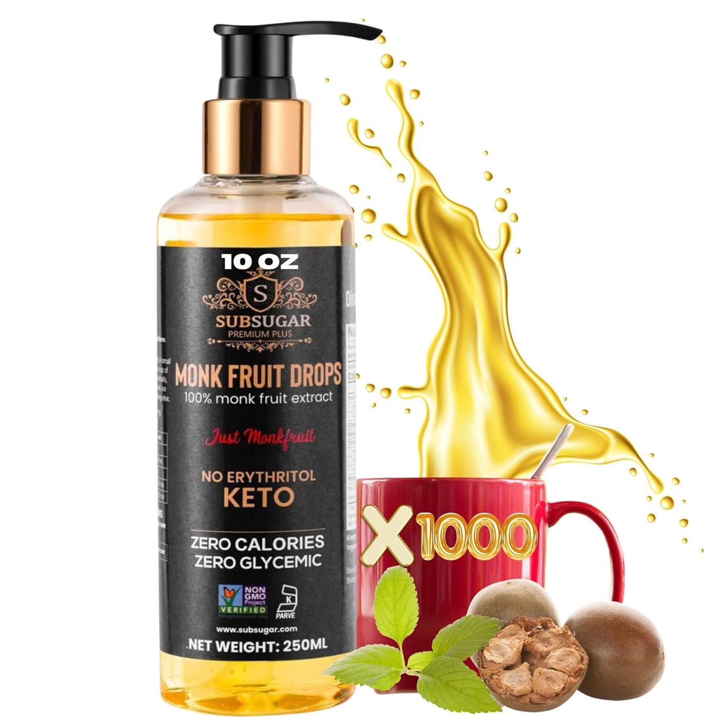SubSugar Monk Fruit Sweetener Liquid Drops for Zero Calorie Sweetness