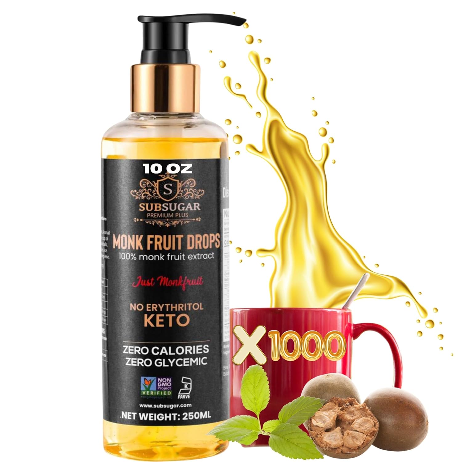 SubSugar Monk Fruit Sweetener Liquid Drops for Zero Calorie Sweetness